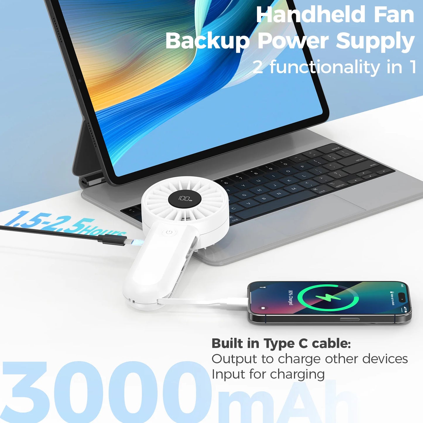 2-in-1 Rechargeable Multifunction Handheld Fan and Powerbank for Household Car Outdoor Hotel RV Use