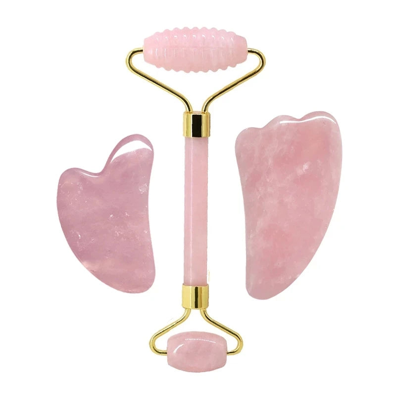 Rose Quartz Face Roller & Gua Sha Set – Natural Stone Facial Massage Beauty Tools