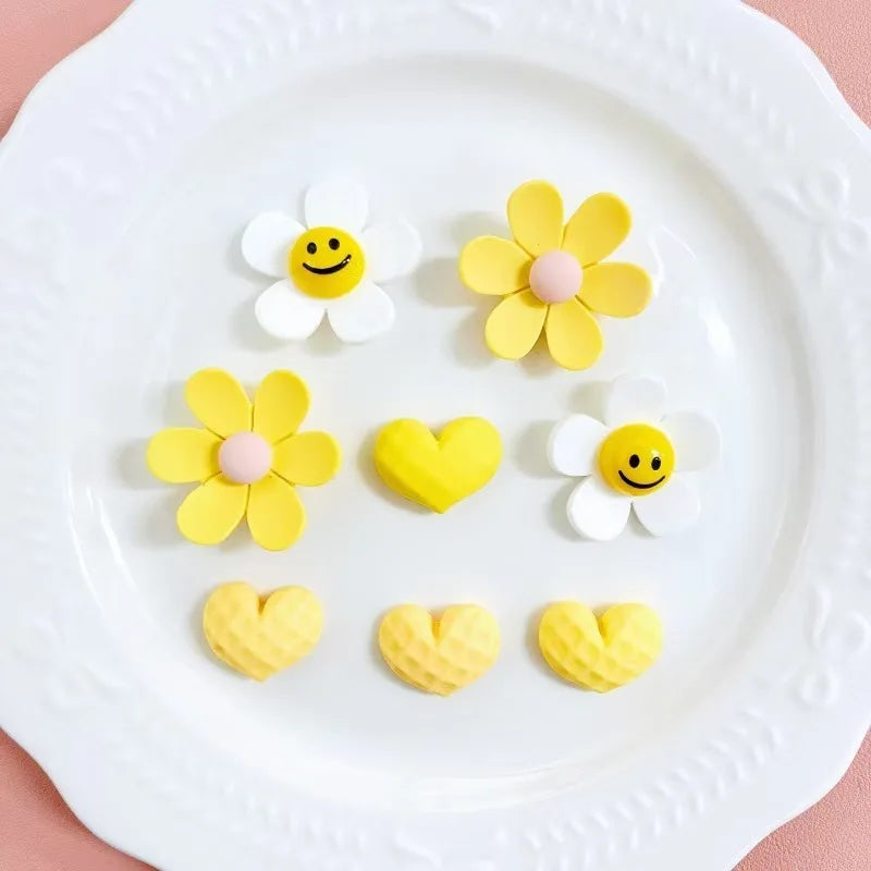 Yellow Aesthetic  Charms Set Cute Smiley Face Flower Heart Shoe Charms DIY Sweet Shoe Decorations for Sandals Wo