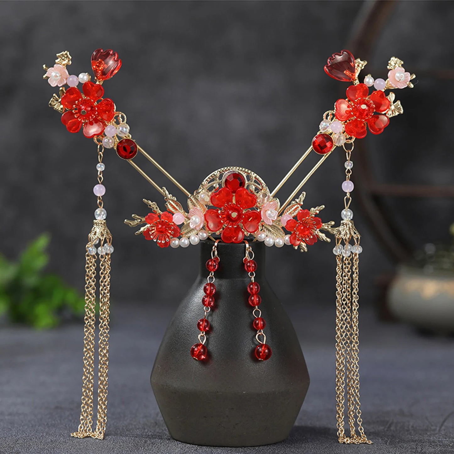 Chinese Long Hair Stick Tiara Headpiece Women Hair Accessories Flower Crystal Pearl Hair Pins Handmade Hanfu Hair Jewelry Set