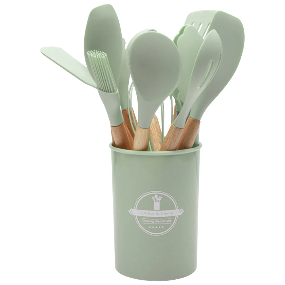 12Pcs Kitchen Utensil Set Cooking Tools Kit Wooden Handle Non-Stick Spatula Set Spatula Spoon Brush Whisk Kitchen Supplies