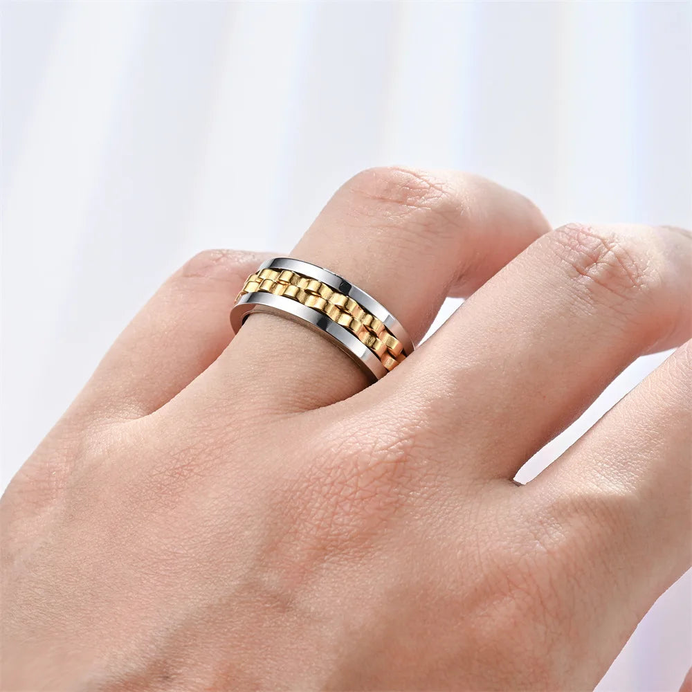 Anti Stress Stainless Steel Ring For Men Gear Chain Rotating Anxiety Relief Spinning Fidget Rings Punk Jewelry Size 6-13