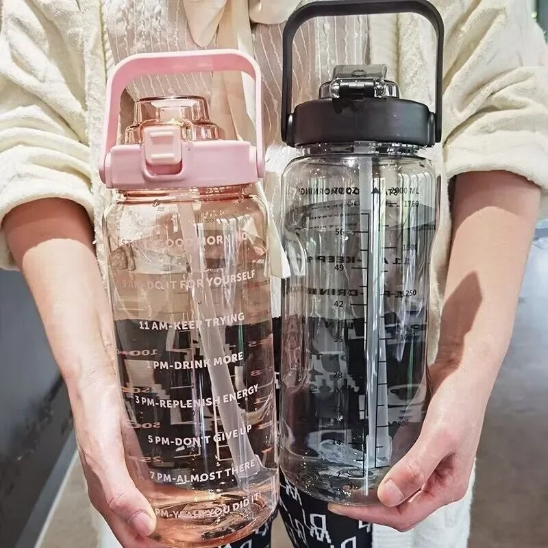 2-Litre Large Capacity Sports Water Bottle with Straw – Time Marker Fitness Jug