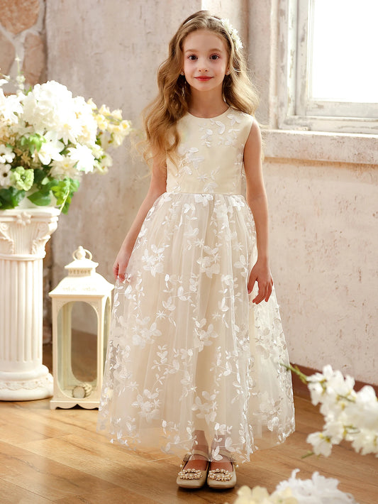 Girls Embroidered Flower Lace Dress – Elegant Princess Sleeveless Casual Dress