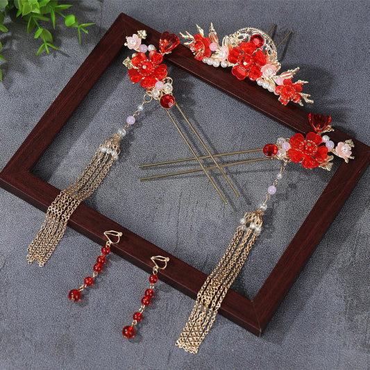 Chinese Hanfu Crystal Pearl Flower Hair Stick & Tiara Set