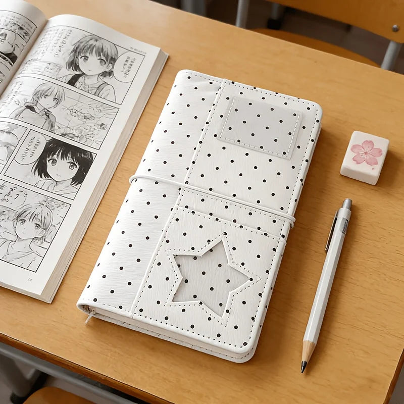 A6 Polka Dot Cloth Binder Notebook 6-Hole Loose Leaf Portable DIY Scrapbook Journal Multi Pocket Photo Album Planner School Gift