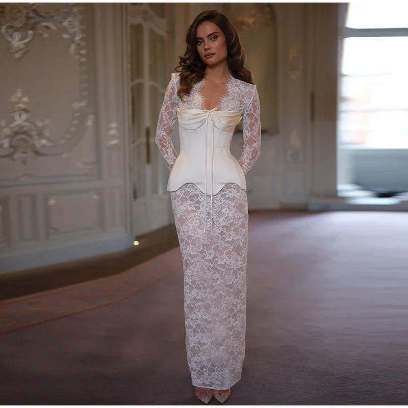 Lace Sheer Sweetheart Neck Maxi Dress Long Sleeve Corset Waist Mermaid Hem Bridal Gown 2026 Summer Elegant Form-Fitting Dresses