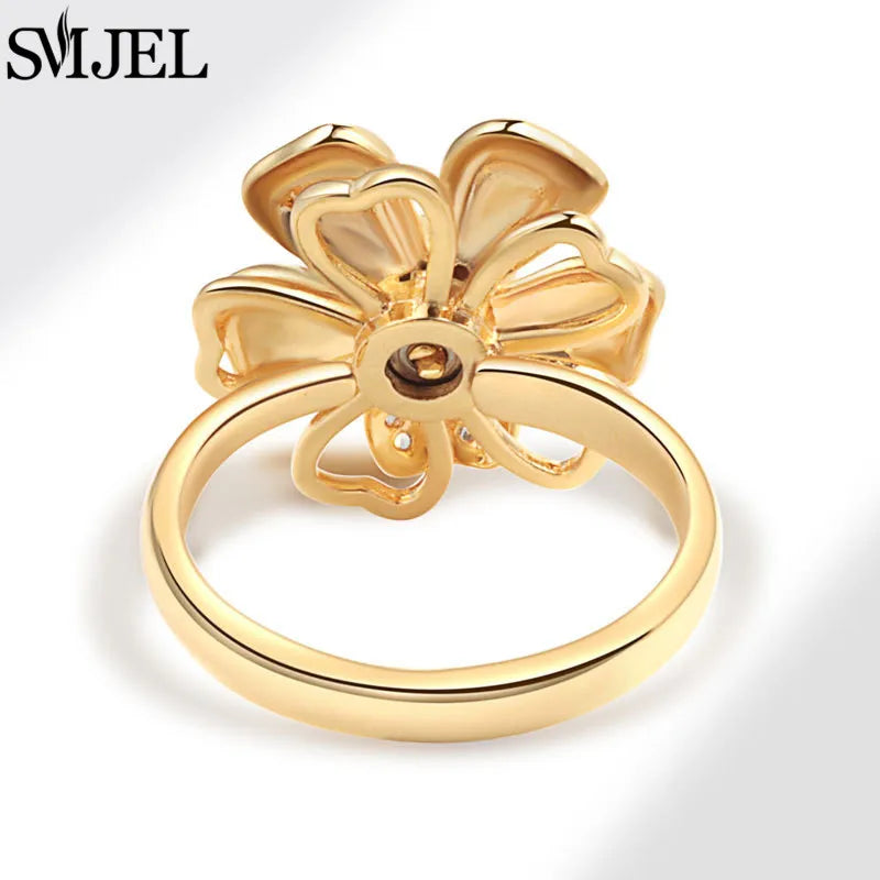 Bohemia Fidget Spinner Ring Anxiety for Women Multiple Crystal Flower Adjustable Open Rings Rotate Anti Stress Wedding Jewelry
