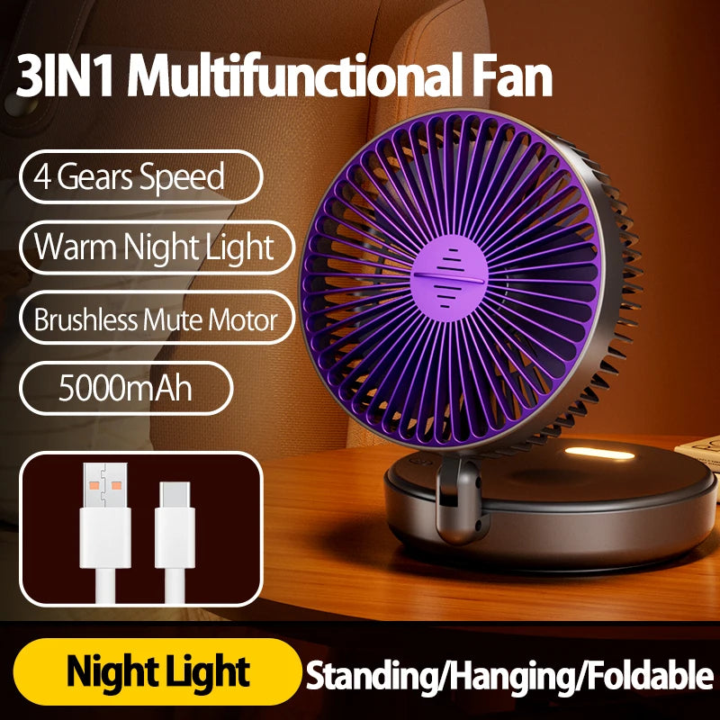 Rechargeable 3-in-1 Portable Fan with Night Light — Wall Mount, 90° Fold, 4 Speeds