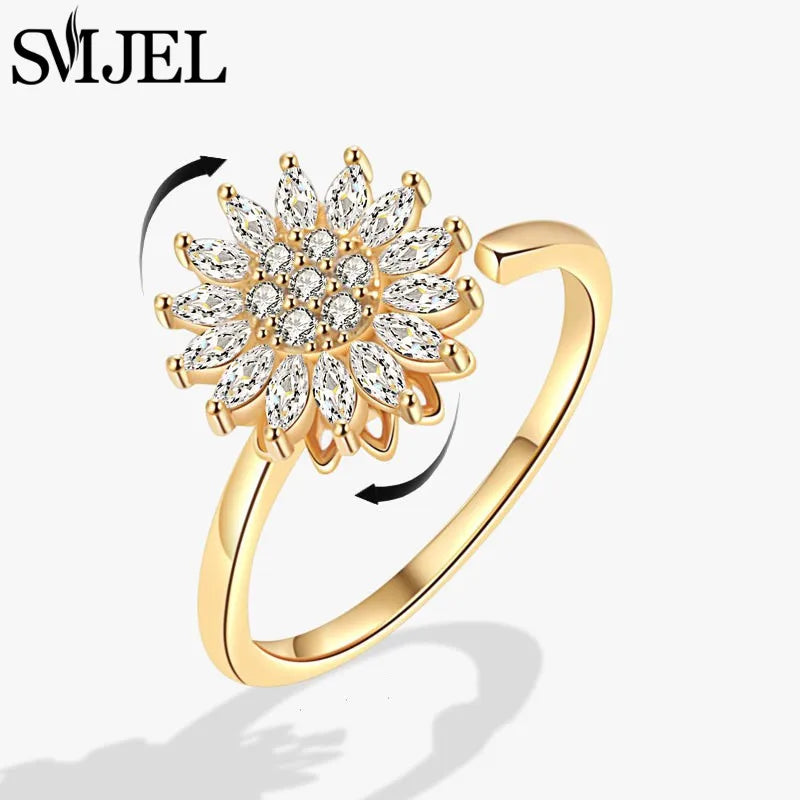 Bohemia Fidget Spinner Ring Anxiety for Women Multiple Crystal Flower Adjustable Open Rings Rotate Anti Stress Wedding Jewelry