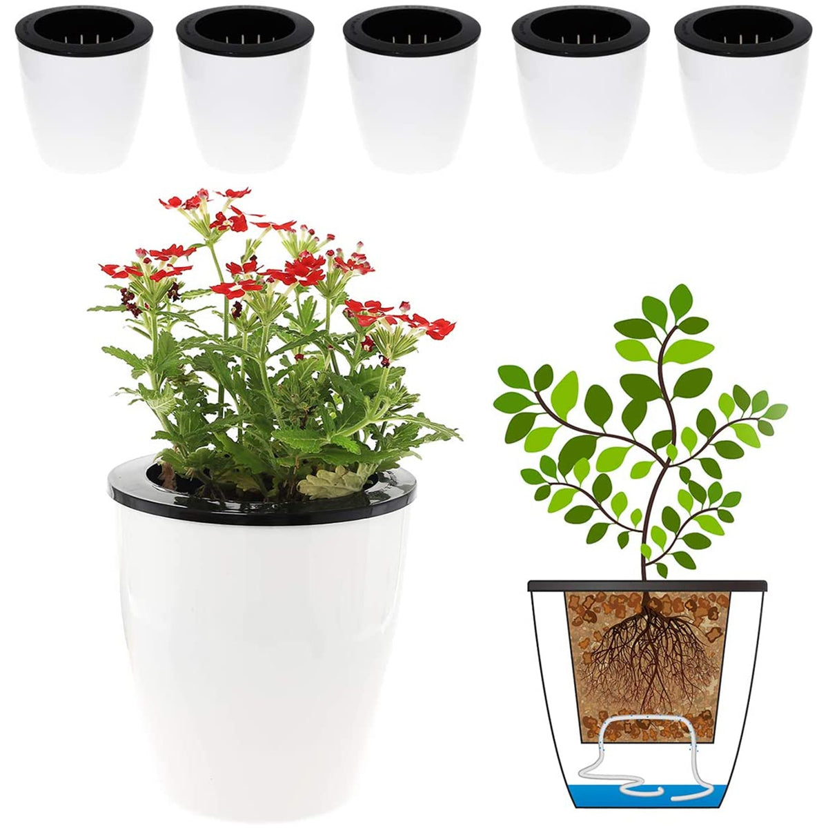 6-Piece Self-Watering Plant Pots with Cotton Wick – 4.7" Decorative Garden Planters