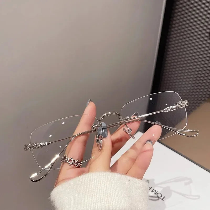 Square Rimless Eyeglasses Women Men Blue Light Blocking Glasses Designer Retro Shade Eyewear UV400 Silver Computer Glasses