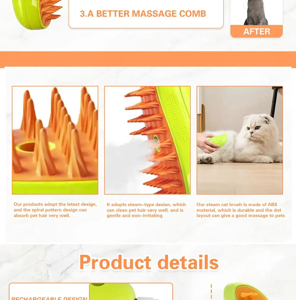 Electric Steamy Brush for Cat and Dog, Steam Brush, Electric Sprayer for Massage, Pet Grooming Tool, Shedding Combs, 3 in 1