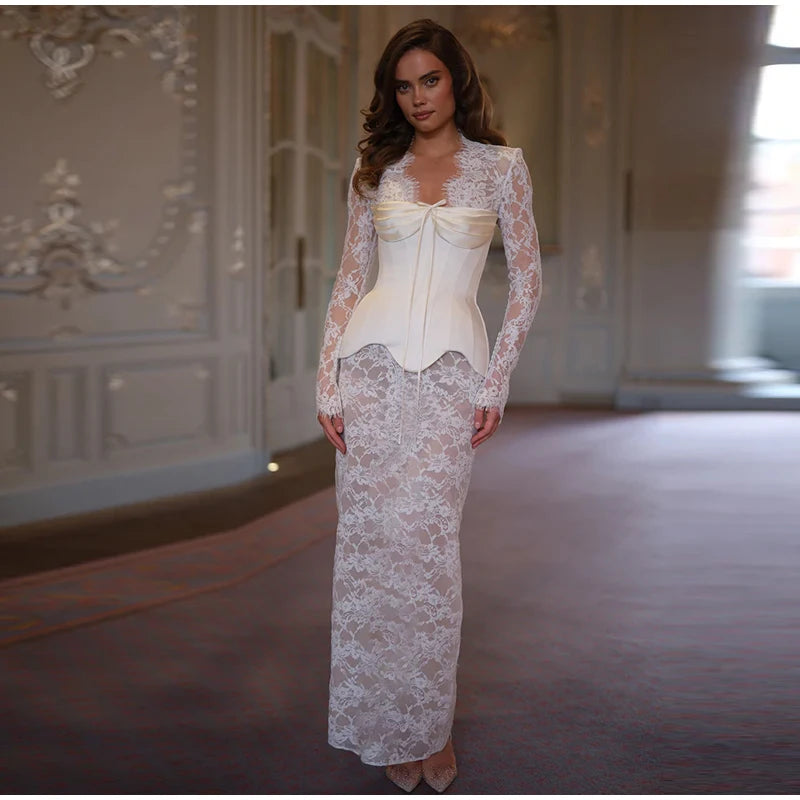 Lace Sheer Sweetheart Neck Maxi Dress Long Sleeve Corset Waist Mermaid Hem Bridal Gown 2026 Summer Elegant Form-Fitting Dresses