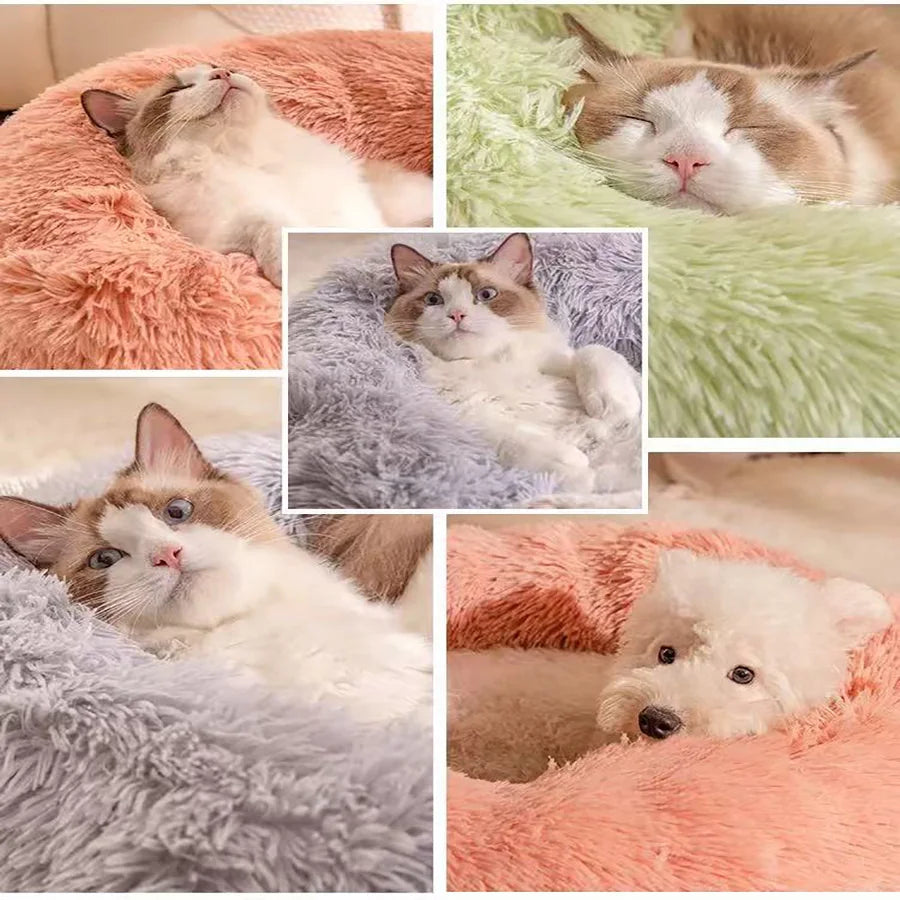 Soft Long Plush Cat House Beds dog Calm Warm Faux Fur Bed Donut Round Comfortable Sleeping Bed Washable for Small Medium Dog Cat