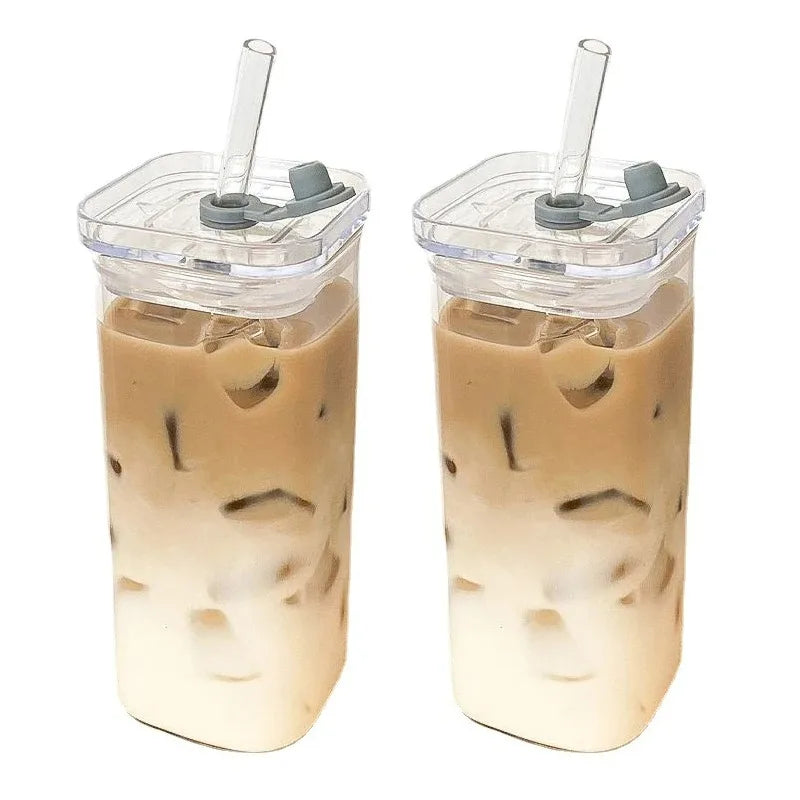 Square Heat-Resistant Glass Coffee Cup with Lid & Straw – 400ml Transparent Mug