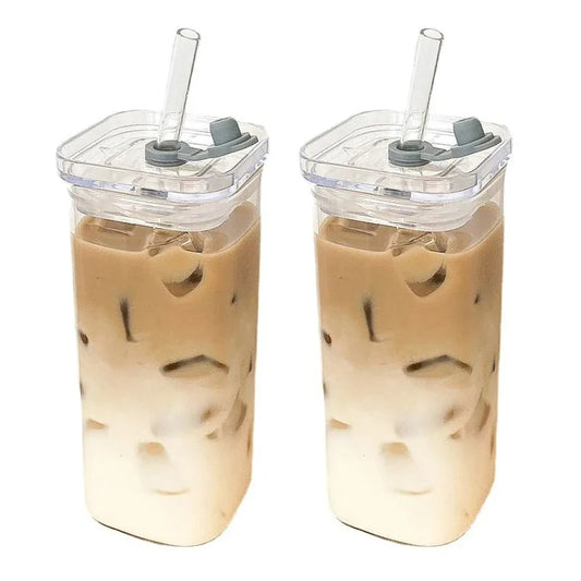 Square Heat-Resistant Glass Coffee Cup with Lid & Straw – 400ml Transparent Mug