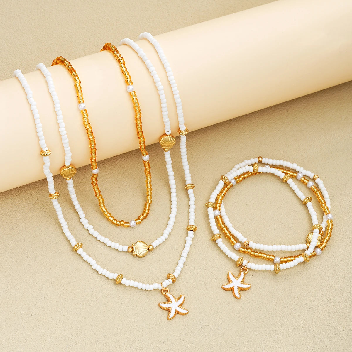 6-Piece Shell & Starfish Beaded Jewellery Set – Necklace & Bracelet Holiday Accessories