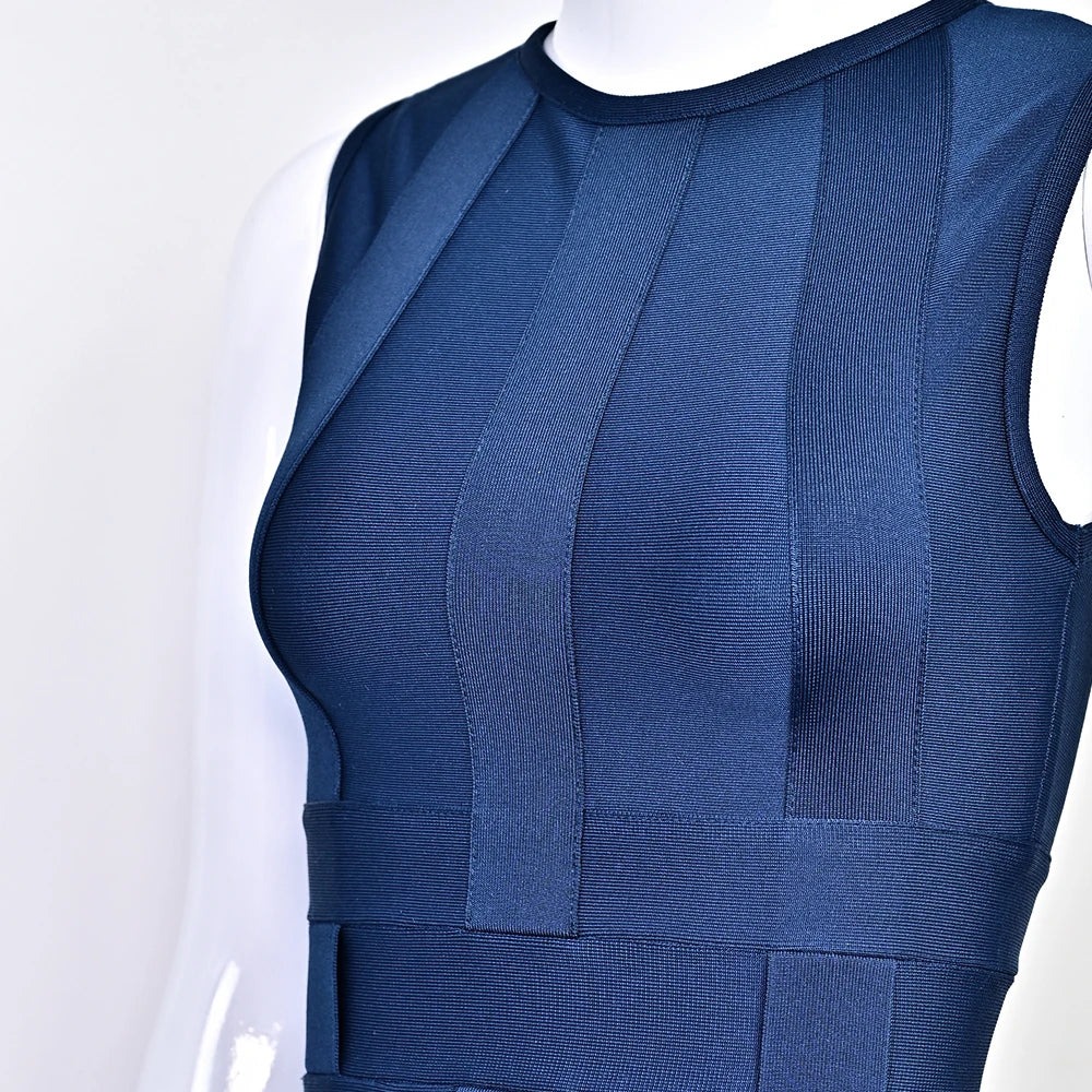 BEAUKEY 2025 New Trendy Vintage Woven Evening Bandage Dress Navy Blue Party Bodyon Dress Women Luxury Celebrity Elegant Dresses