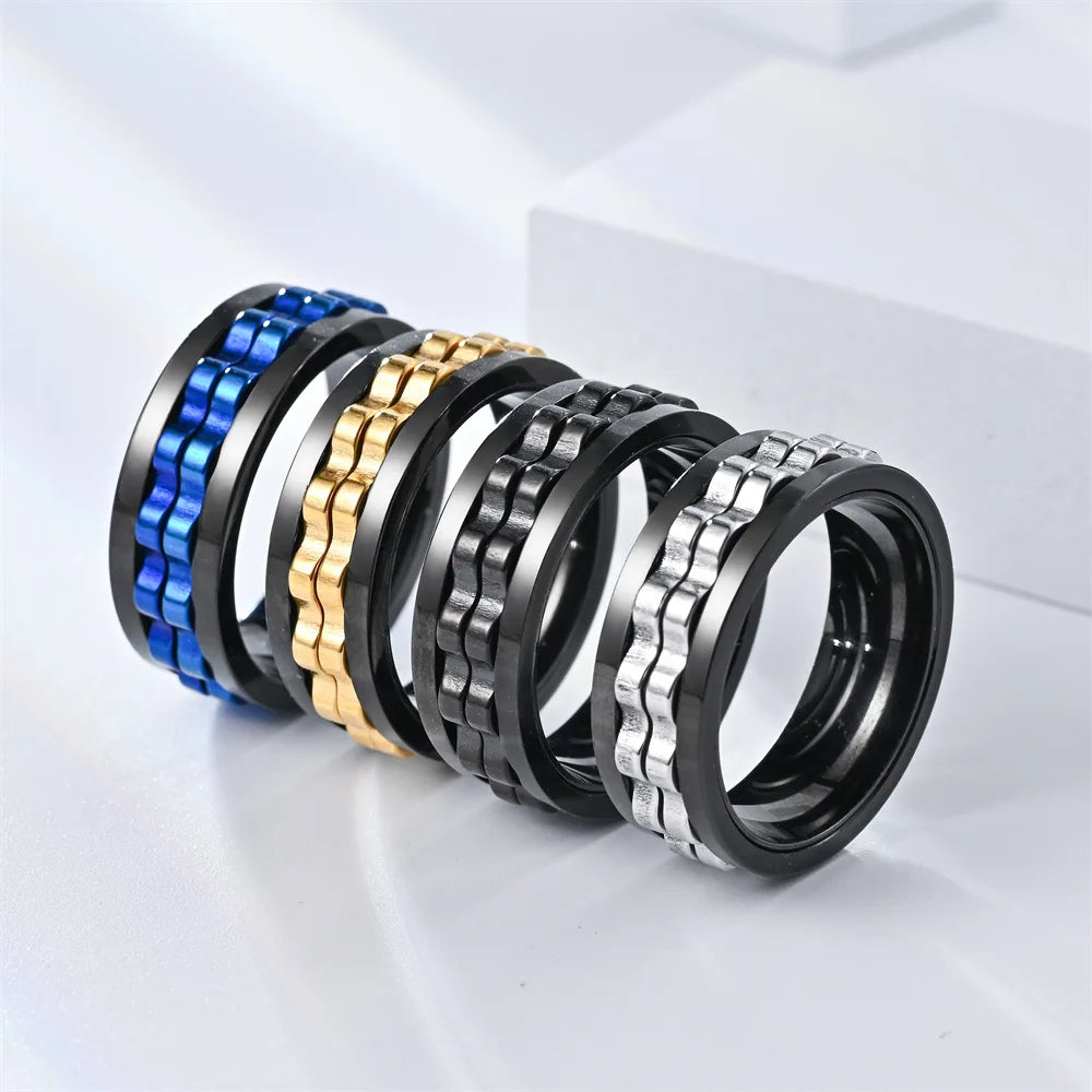 Anti Stress Stainless Steel Ring For Men Gear Chain Rotating Anxiety Relief Spinning Fidget Rings Punk Jewelry Size 6-13