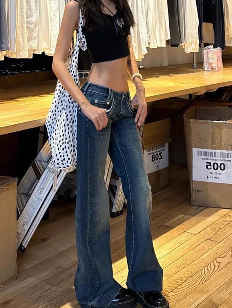 American Vintage Y2K Jeans for Women Sexy Slim Low-Waisted Wide Leg Denim Trousers Female Fashion Streetwear Flared Jean Pants