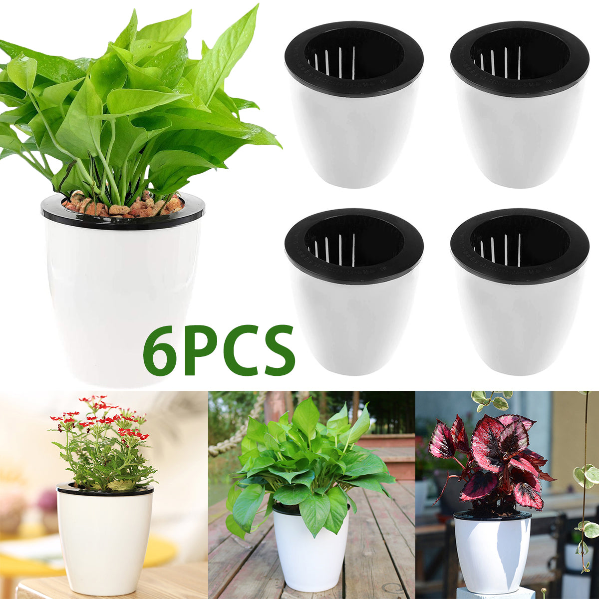 6-Piece Self-Watering Plant Pots with Cotton Wick – 4.7" Decorative Garden Planters