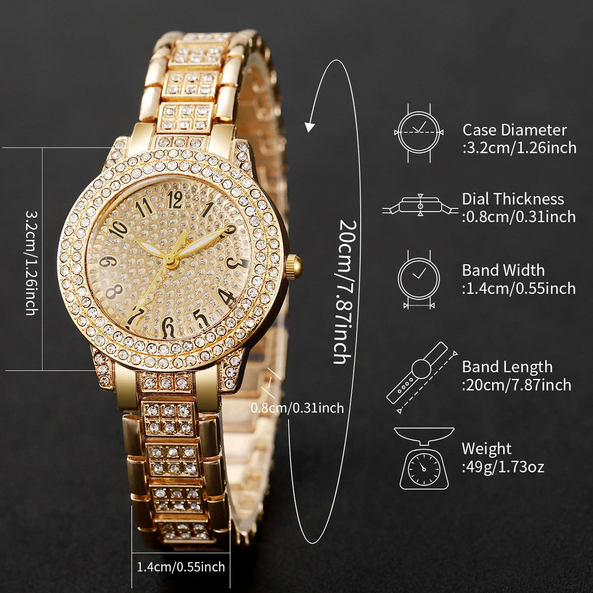 6-Piece Diamond Women's Watch & Jewelry Set – Gold Steel Quartz Gift Set