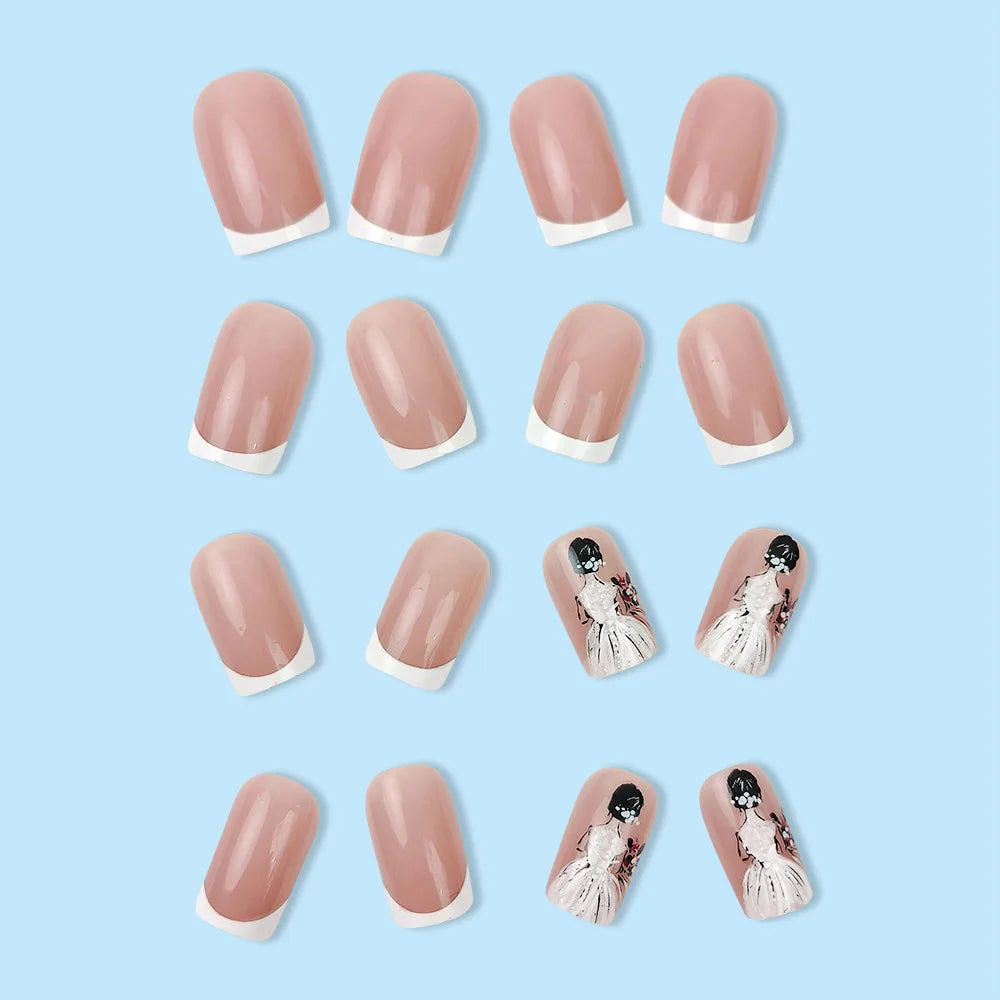 24pcs/set short square fake nails for women cute bride heart white french tips faux ongles y2k press on false nail supplies