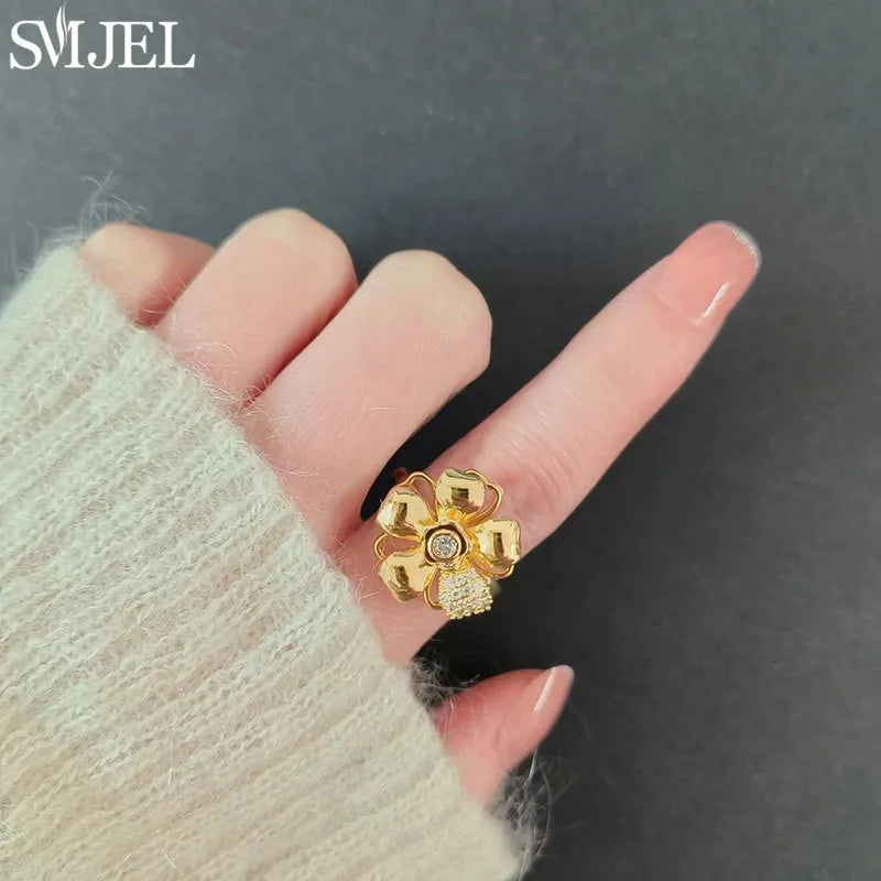 Bohemia Fidget Spinner Ring Anxiety for Women Multiple Crystal Flower Adjustable Open Rings Rotate Anti Stress Wedding Jewelry
