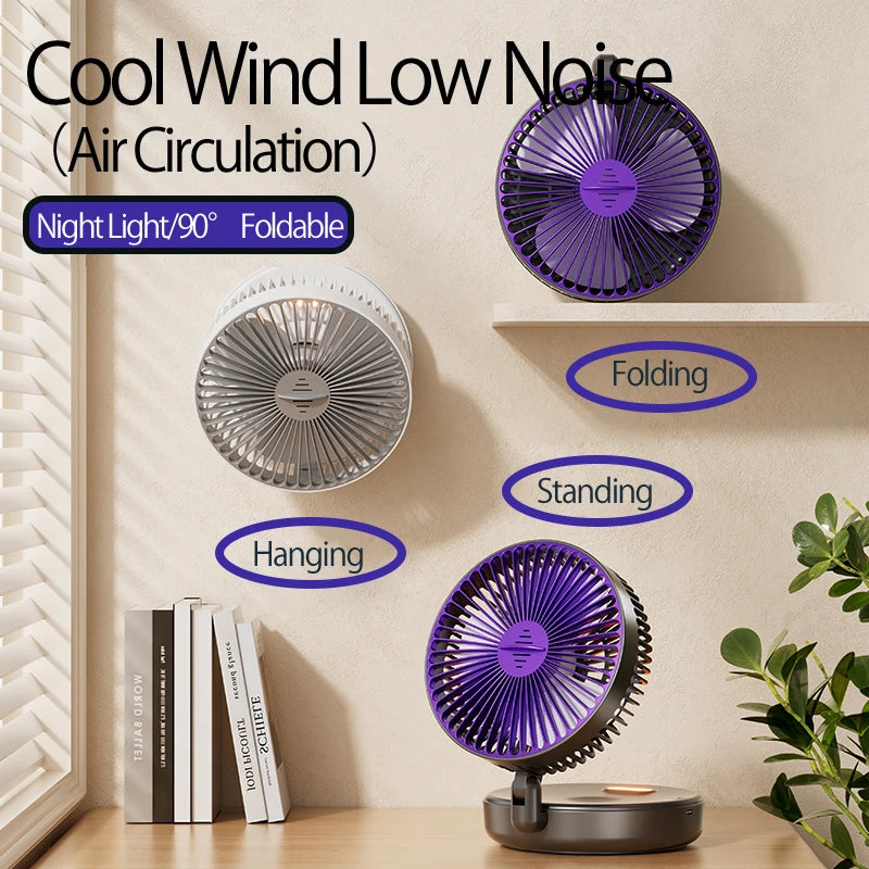 Rechargeable 3-in-1 Portable Fan with Night Light — Wall Mount, 90° Fold, 4 Speeds