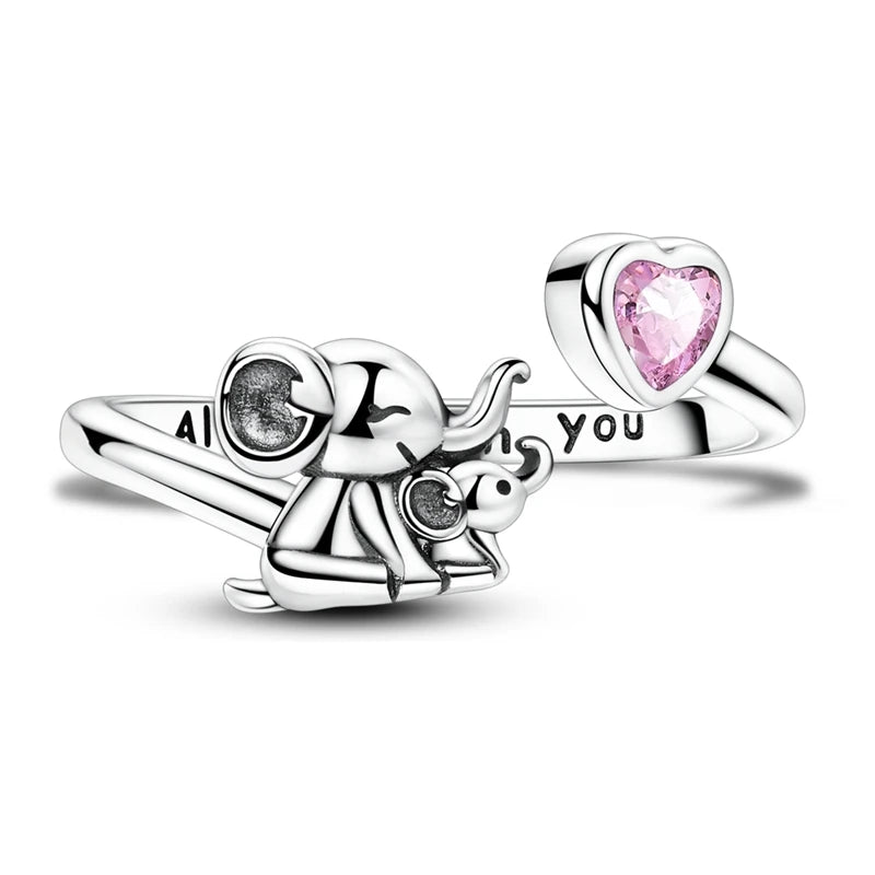 925 Sterling Silver Creative Elephant Parent Child Open Ring Sparkling Zircon Rings For Women Fine Anniversary Jewelry Gifts