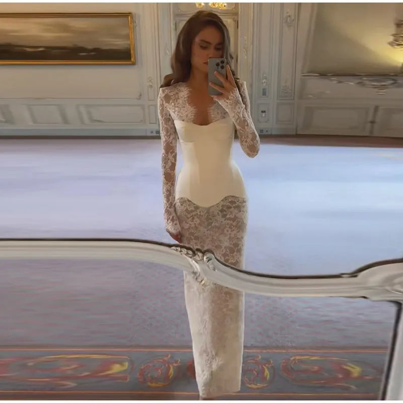 Lace Sheer Sweetheart Neck Maxi Dress Long Sleeve Corset Waist Mermaid Hem Bridal Gown 2026 Summer Elegant Form-Fitting Dresses