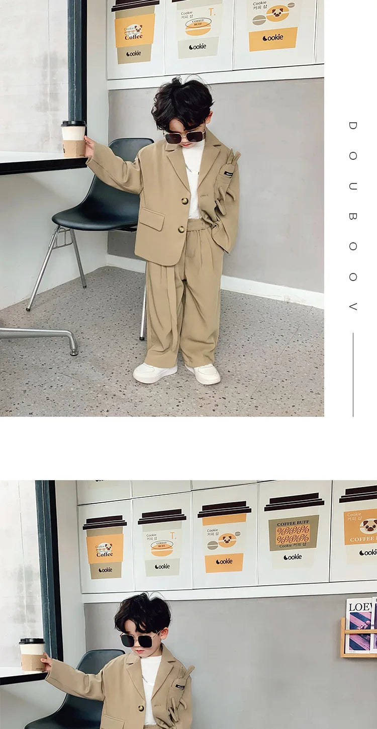 Kids Suits Fashion Casual Blazers Wide-legged Trousers 2 Piece Girls Clothes Set Khaki Loose Children Wedding Birthday Costumes