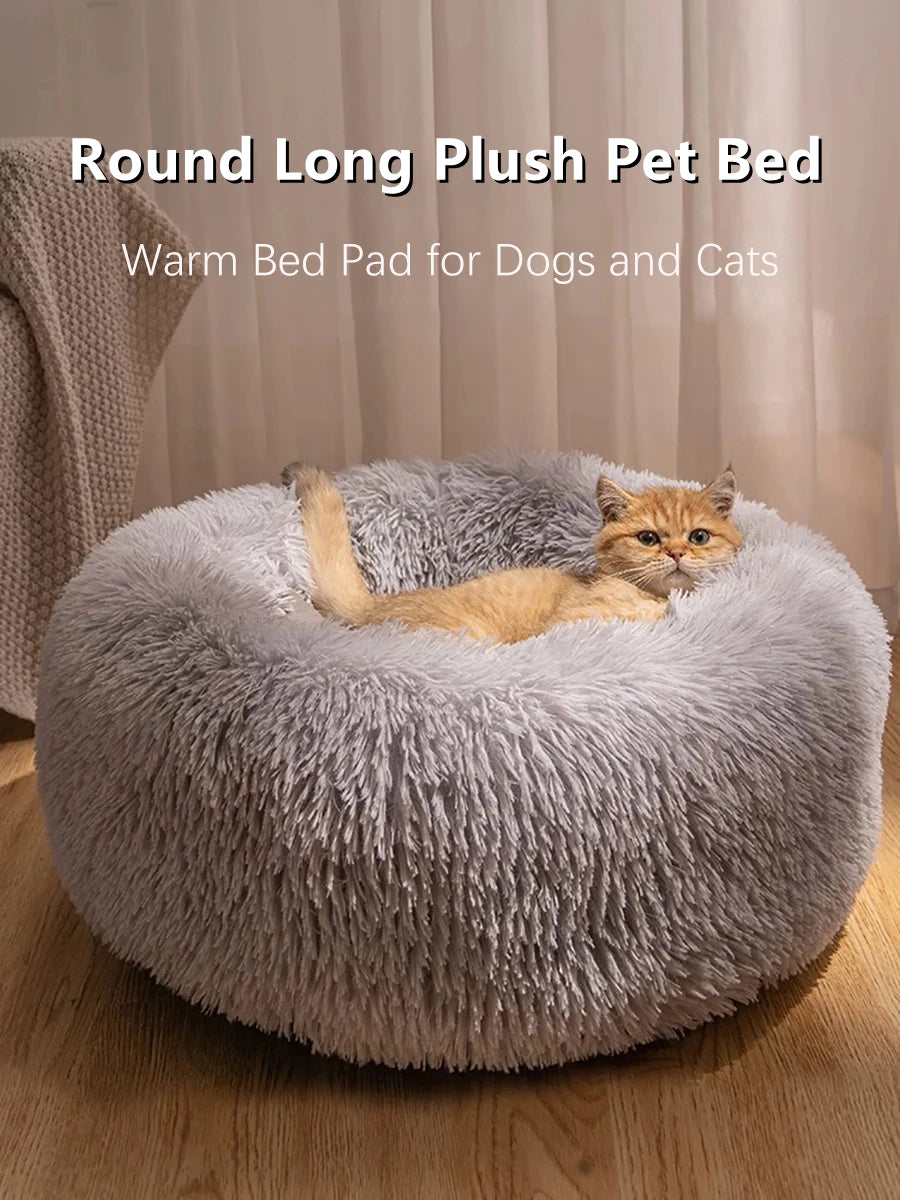 Soft Long Plush Cat House Beds dog Calm Warm Faux Fur Bed Donut Round Comfortable Sleeping Bed Washable for Small Medium Dog Cat