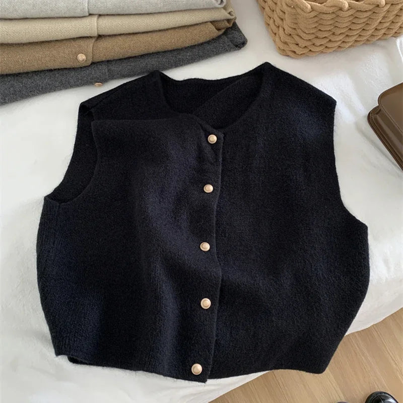 Dames Trui Vest Goudkleurige Knopen Gilet Zacht Gebreid Mouwloos Vest Jasje Top Herfst Winter Koreaanse Dames Chique Outfit