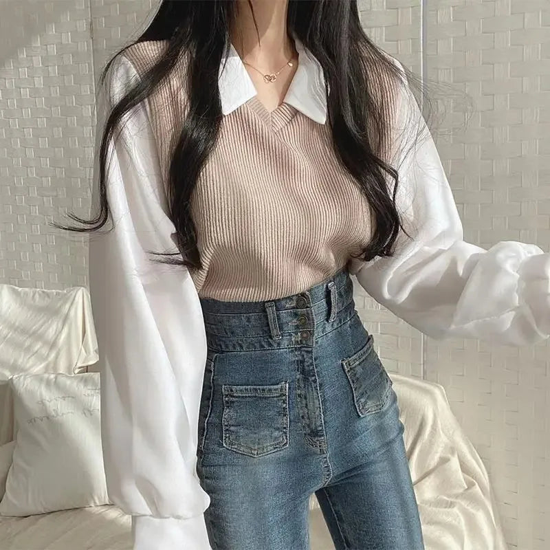 Women's Korean Style Polo Collar Blouse – Y2K False Two-Piece Loose Streetwear Top