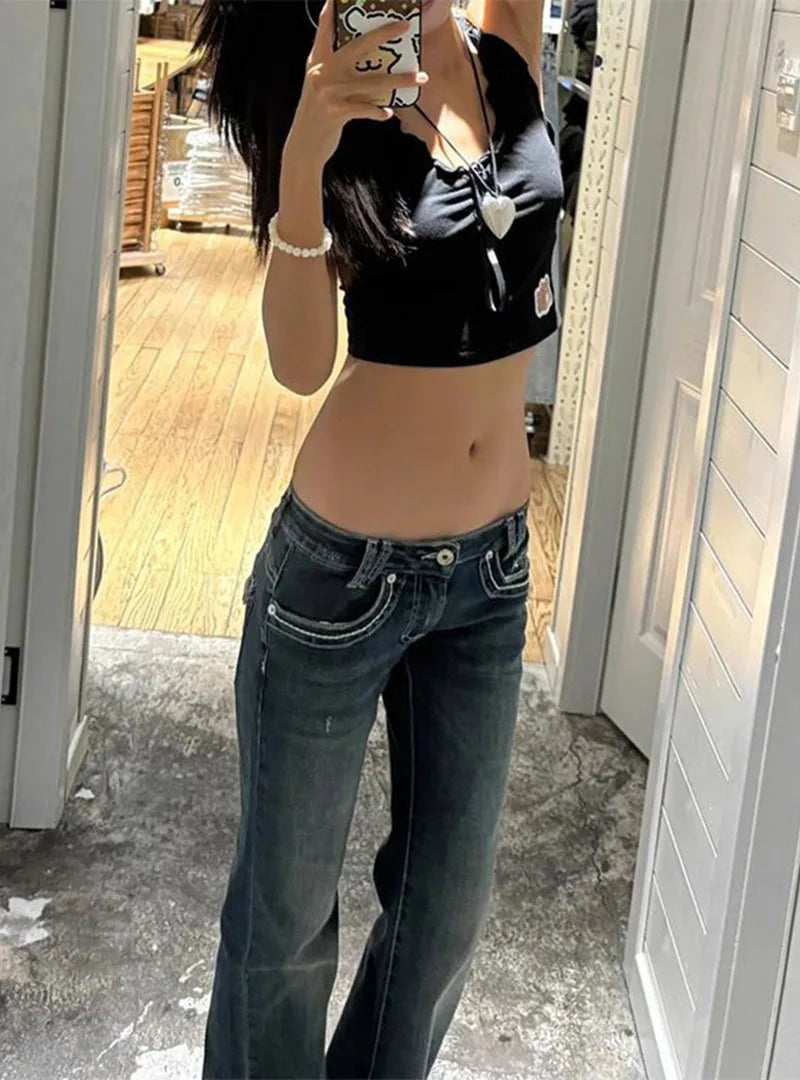 American Vintage Y2K Jeans for Women Sexy Slim Low-Waisted Wide Leg Denim Trousers Female Fashion Streetwear Flared Jean Pants