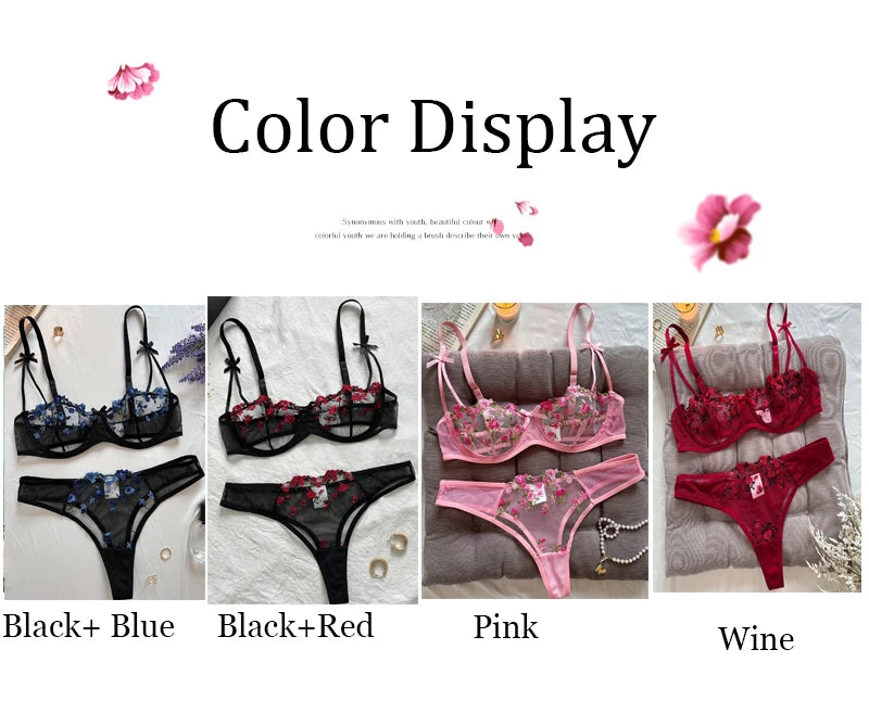 Women's Floral Embroidery Lace Lingerie Set – Sexy 2-Piece Underwear Bra & Briefs