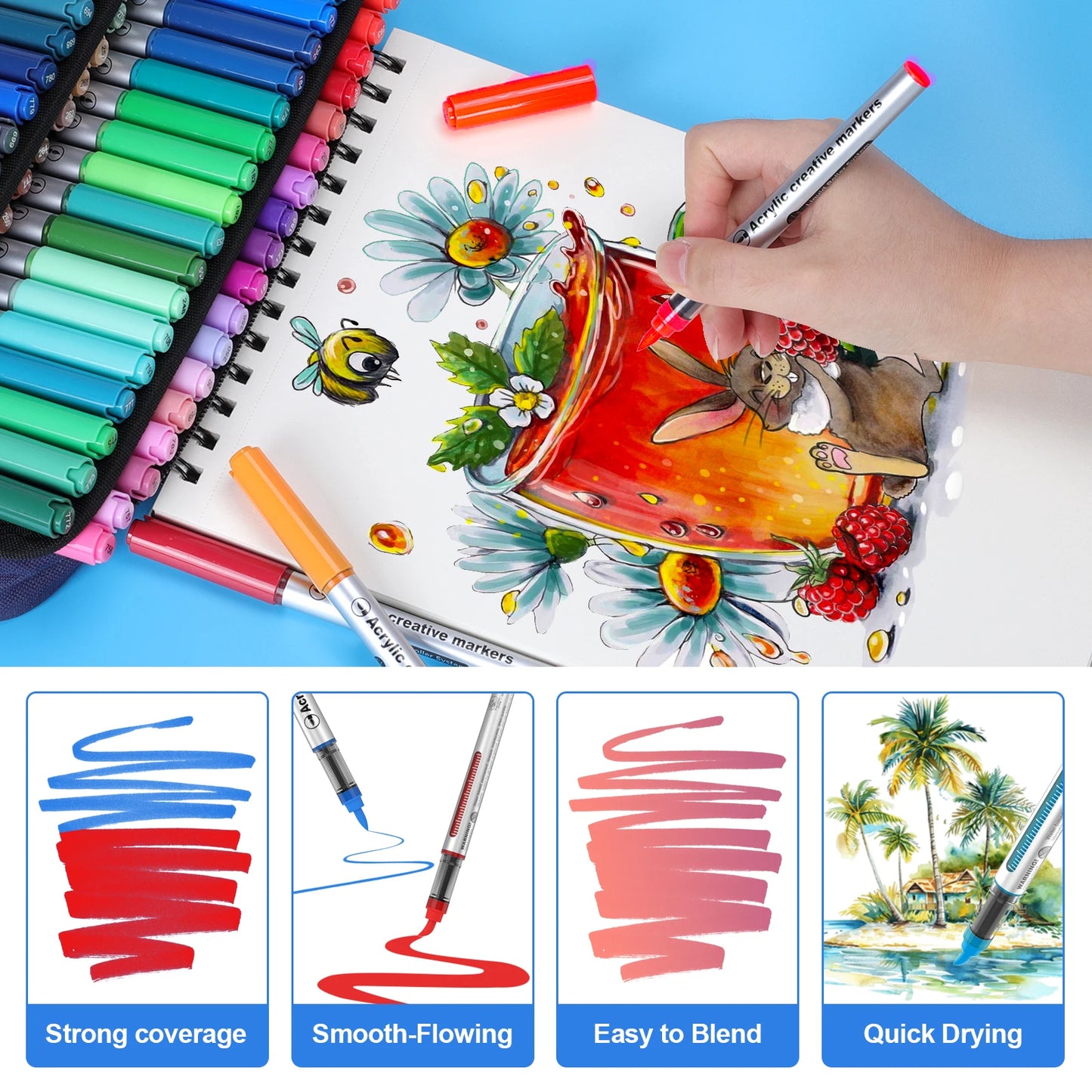 Borrence 120Colors/Bag Acrylic Paint Markers Direct Liquid Paint Marker Pen Set Automatic Ink Control System Art Markers Set