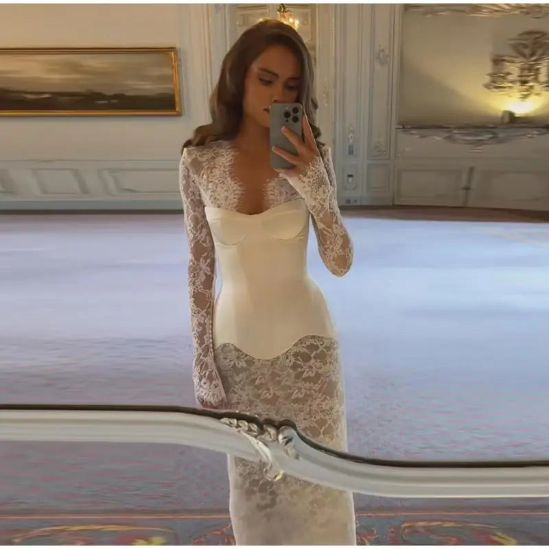 Lace Sheer Sweetheart Neck Maxi Dress Long Sleeve Corset Waist Mermaid Hem Bridal Gown 2026 Summer Elegant Form-Fitting Dresses