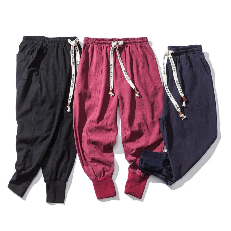 Chinese style Cotton Linen Harem Pants Men Solid Elastic Waist Streetwear Joggers Baggy Drop-crotch Pants Casual Trousers Men