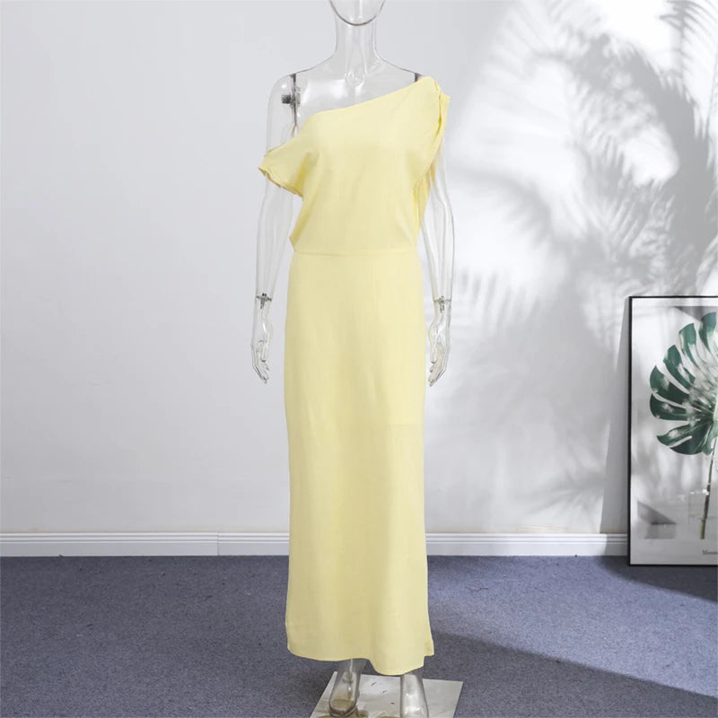 Elegant One Shoulder Solid Dress Women's Waist-cinching Side Split Ankle-length Dresses 2026 Summer New Lady Casual Cozy Robes