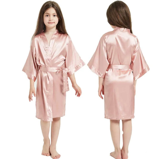 Kids Silk Satin Kimono Bathrobe – Toddler Girls Pink Wedding Party Spa Robe