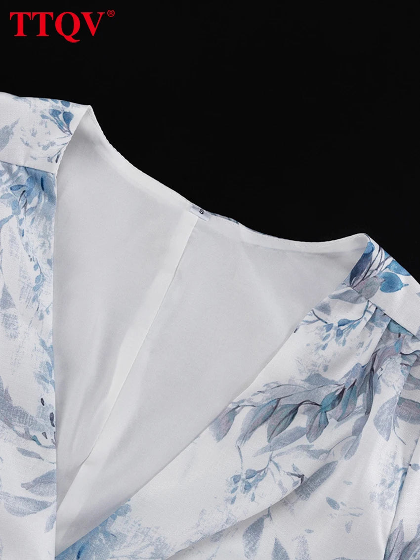 TTQV Sexy Slim Print Women's Dress 2026 Summer V-Neck Short Sleeve Mini Dresses Elegant Classic Ruffles Female Dress Streetwear