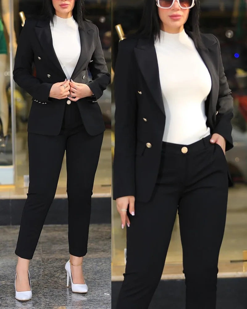 2-delige dameskledingset voor op kantoor: blazer met lange mouwen en potloodbroek met hoge taille, effen kleur