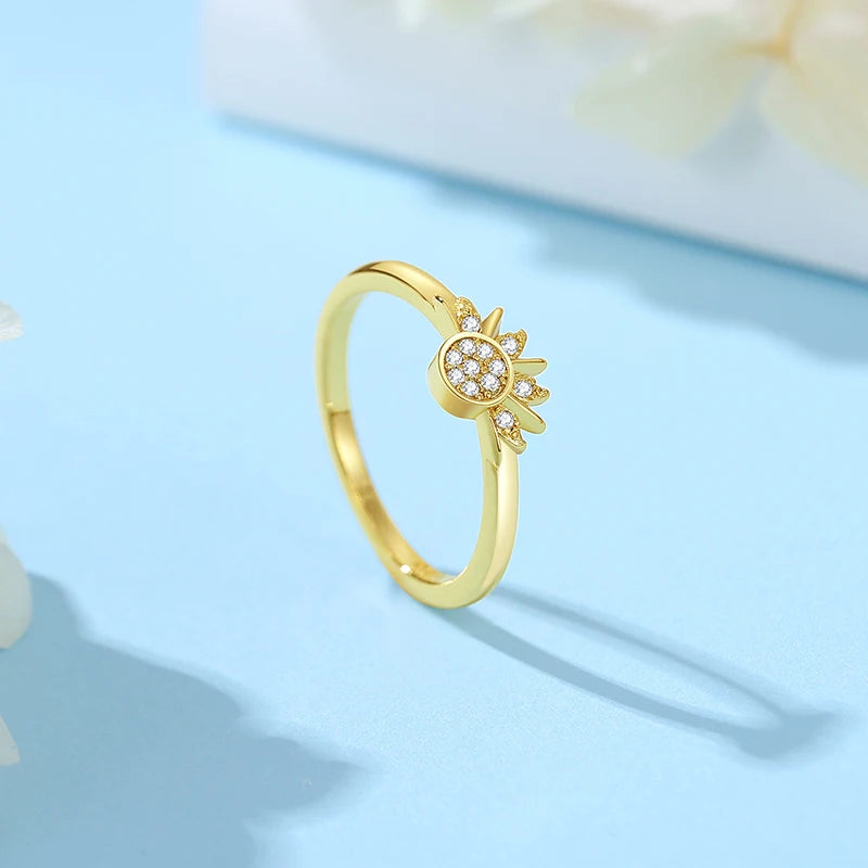 Original 925 Sterling Silver Rings Sun Moon Star Pave CZ Gold Color Stackable Ring For Women Engagement Gift Jewelry