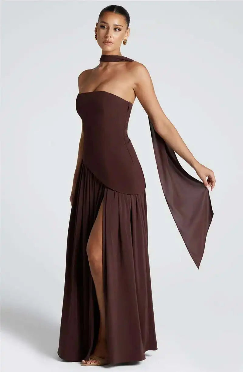 Elegant Off-shoulder Strapless Sexy Summer Party Women Gown Patchwork Pleat Scarf Neck Holiday Evening High Split Long Dresses