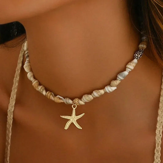 Handmade Seashell Beaded Choker – Starfish Pendant Ocean Inspired Necklace