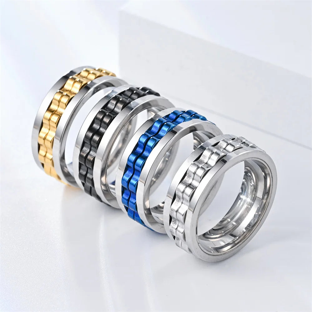 Anti Stress Stainless Steel Ring For Men Gear Chain Rotating Anxiety Relief Spinning Fidget Rings Punk Jewelry Size 6-13