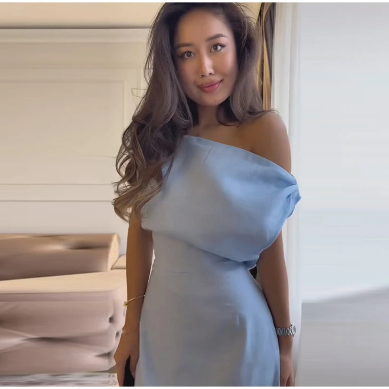 Elegant One Shoulder Solid Dress Women's Waist-cinching Side Split Ankle-length Dresses 2026 Summer New Lady Casual Cozy Robes
